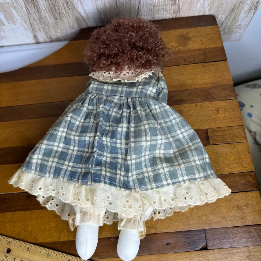 Vintage School Teacher Cloth Doll Plaid Dress Chalkboard Apple Books 10 Inch